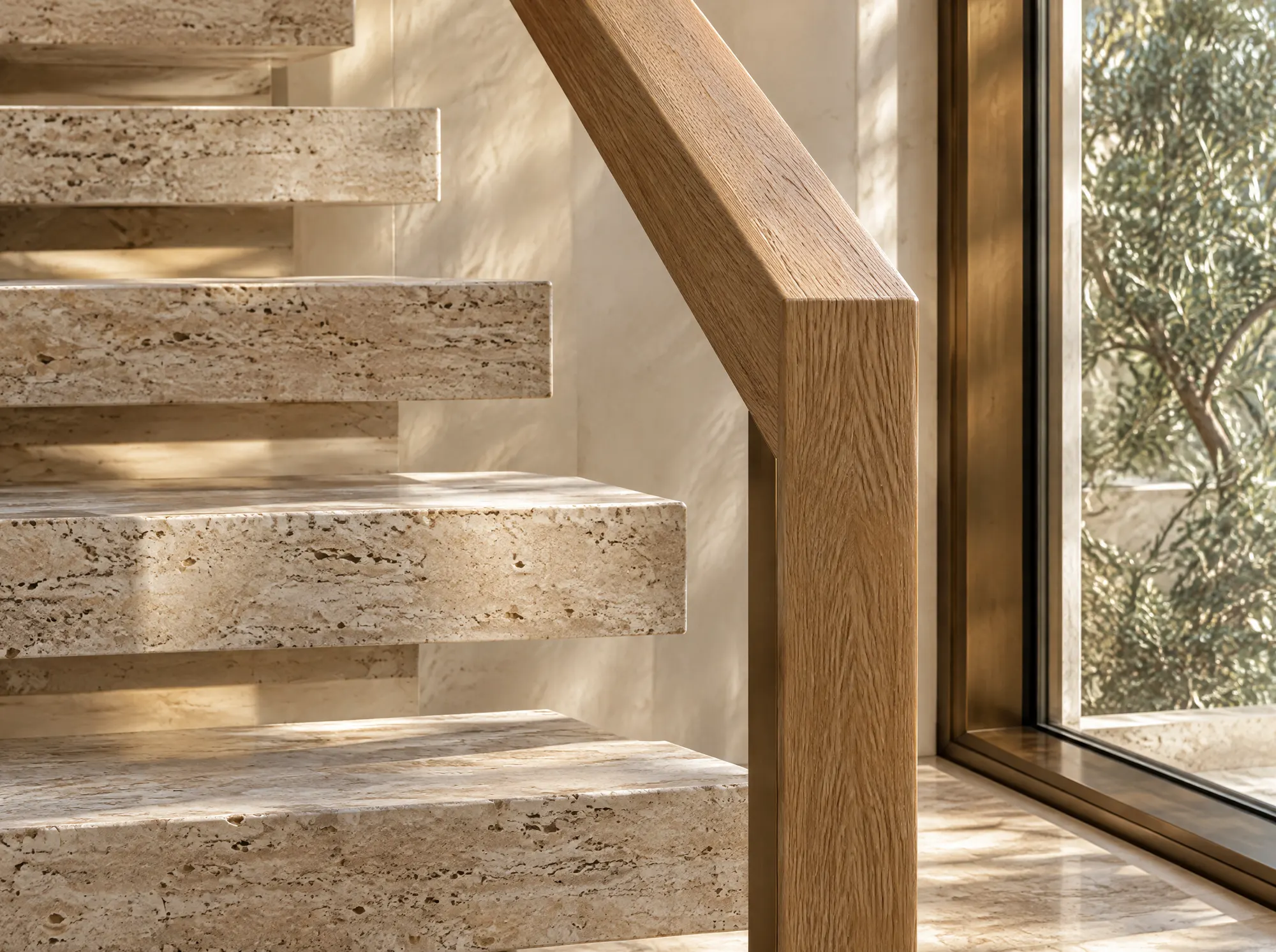 Travertine and oak meeting at a stair