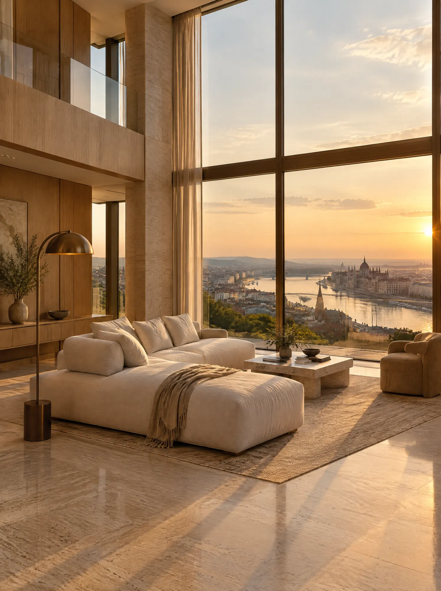 Double-height living room facing the city