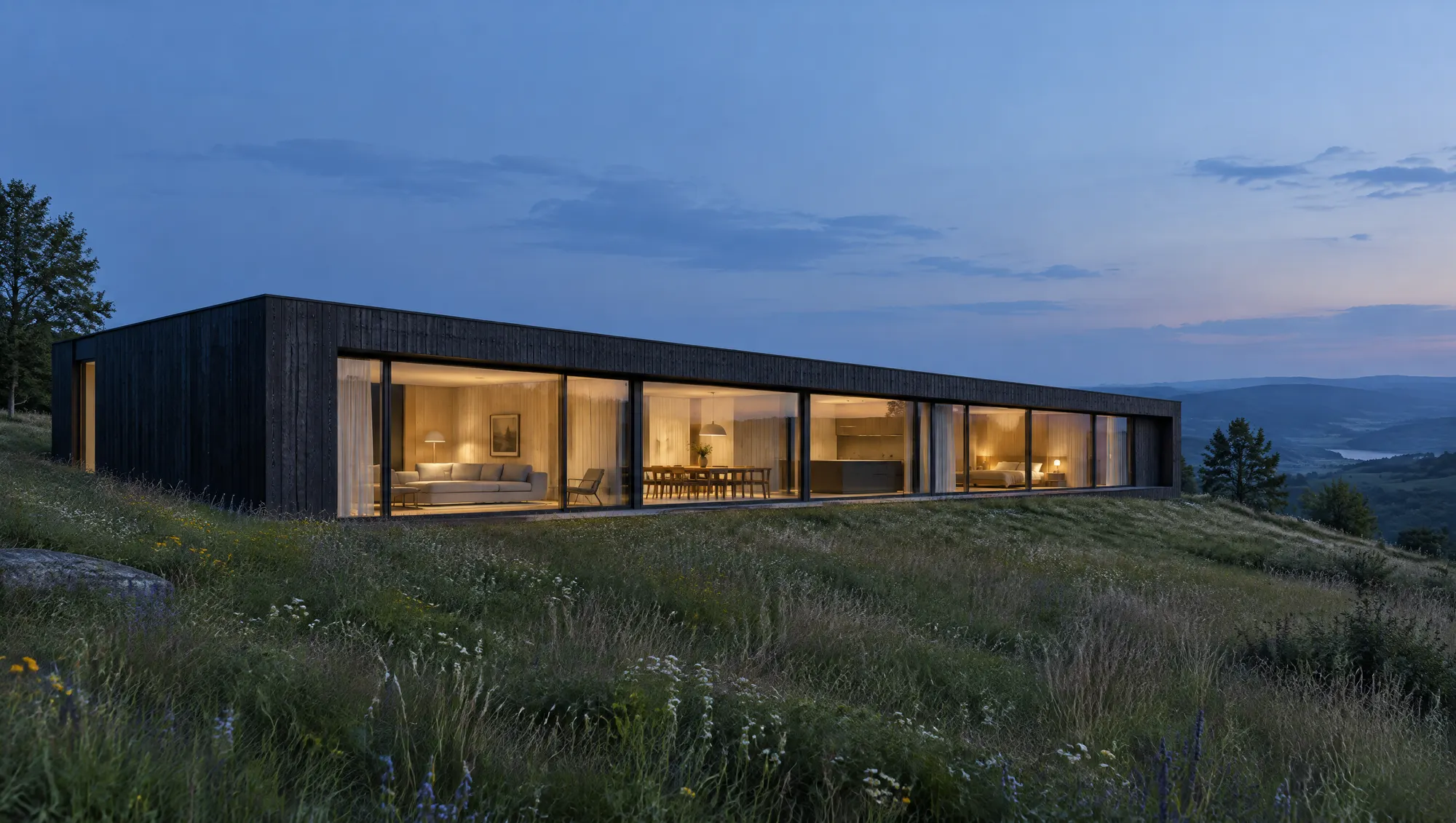 Long west facade at dusk