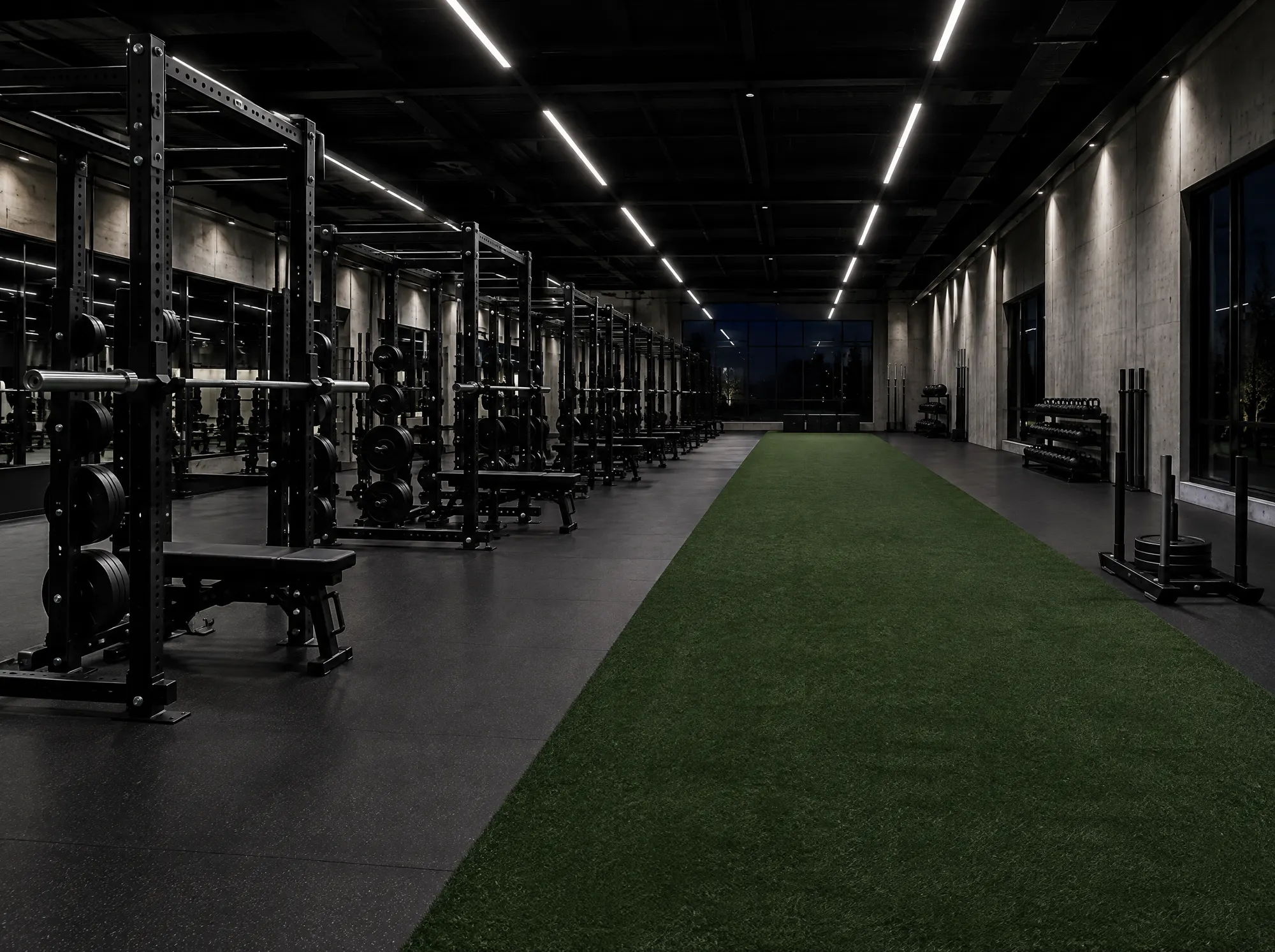 The training floor with racks and a sled track