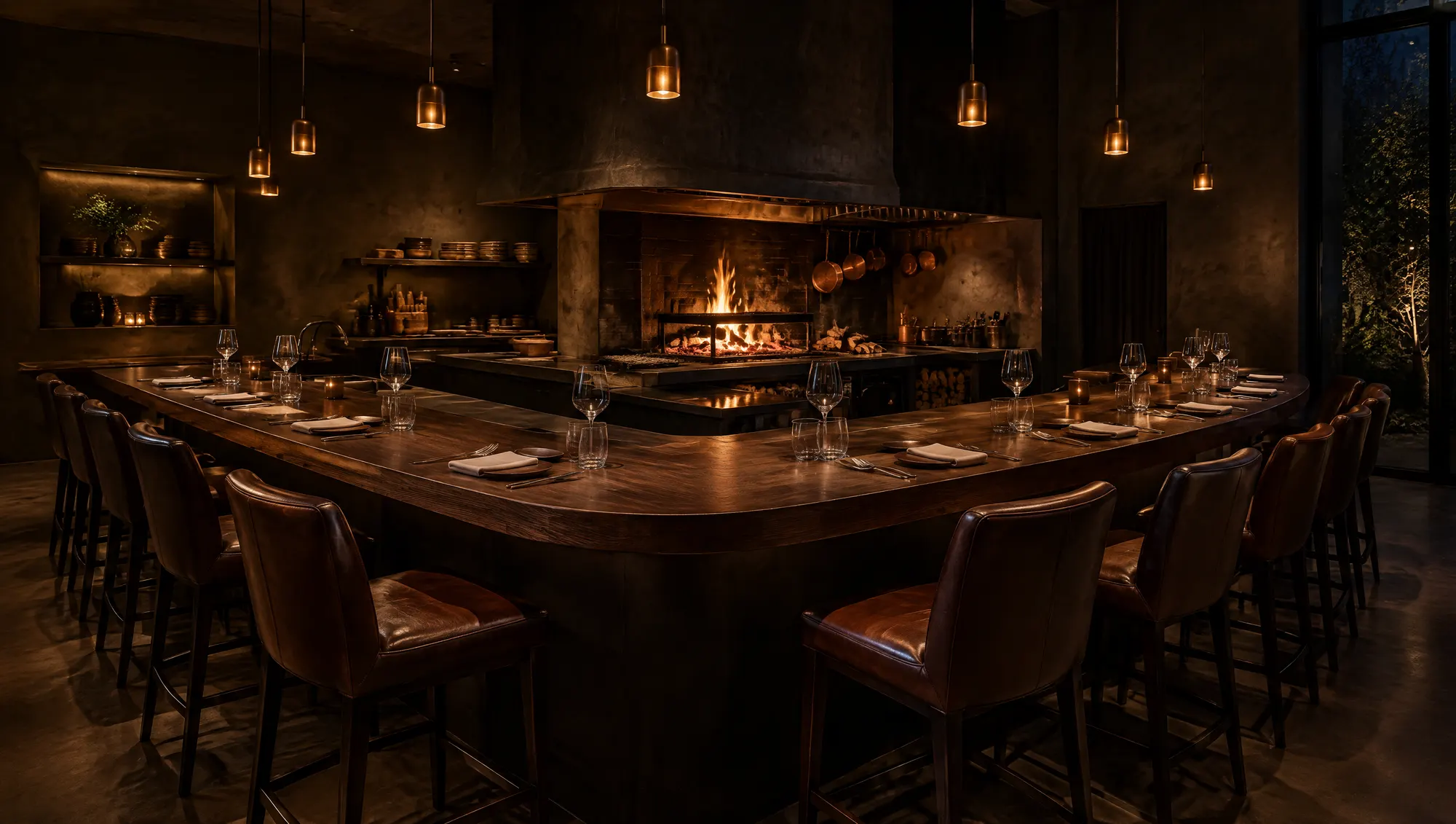 Twelve seats around the kitchen. You eat where it is cooked.