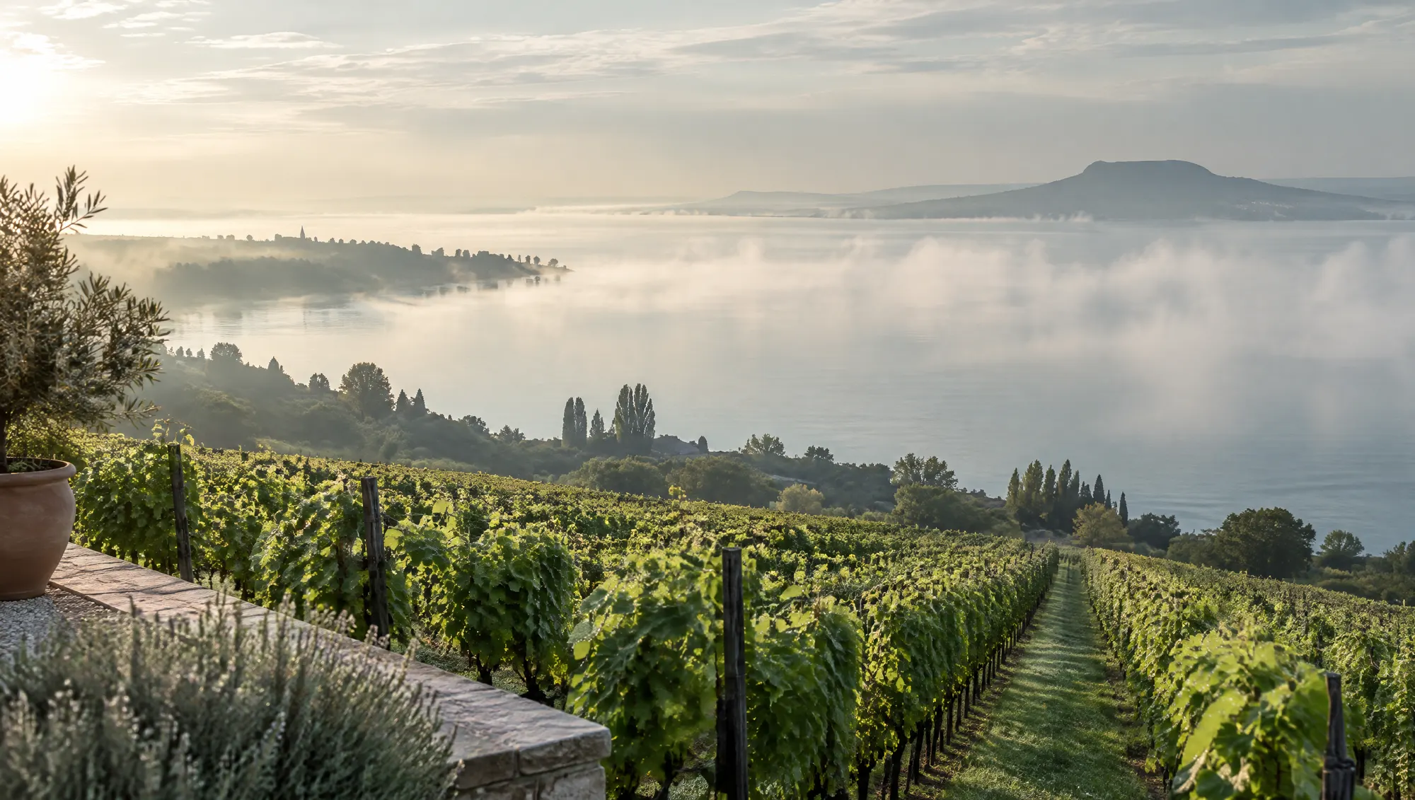 Mist lifts off the lake by eight.